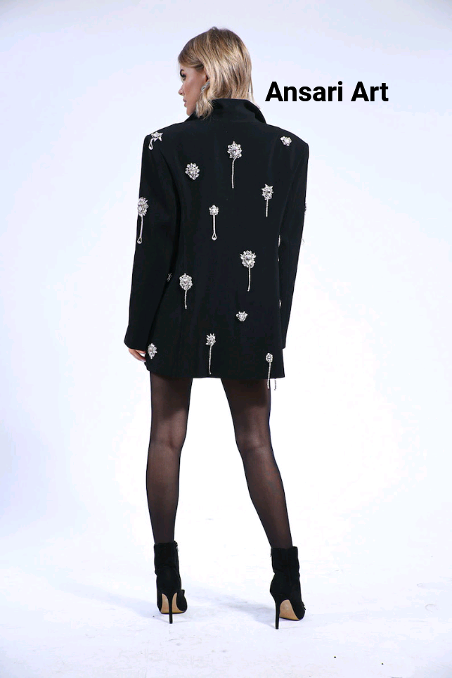 Pre-owned Art Women Black Blazer Crystal Embellished Jacket Custom Made Premium Cotton Oufits