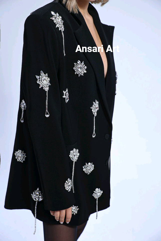 Pre-owned Art Women Black Blazer Crystal Embellished Jacket Custom Made Premium Cotton Oufits