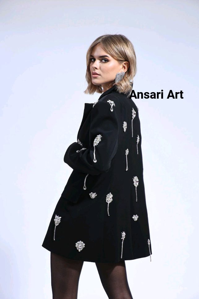 Pre-owned Art Women Black Blazer Crystal Embellished Jacket Custom Made Premium Cotton Oufits