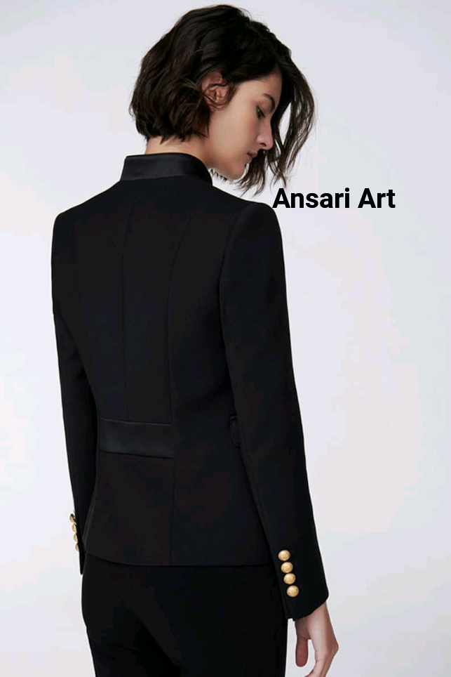 Pre-owned Art Women Black Military Blazer Custom Made Embroidered Designer Formal Wedding Suit