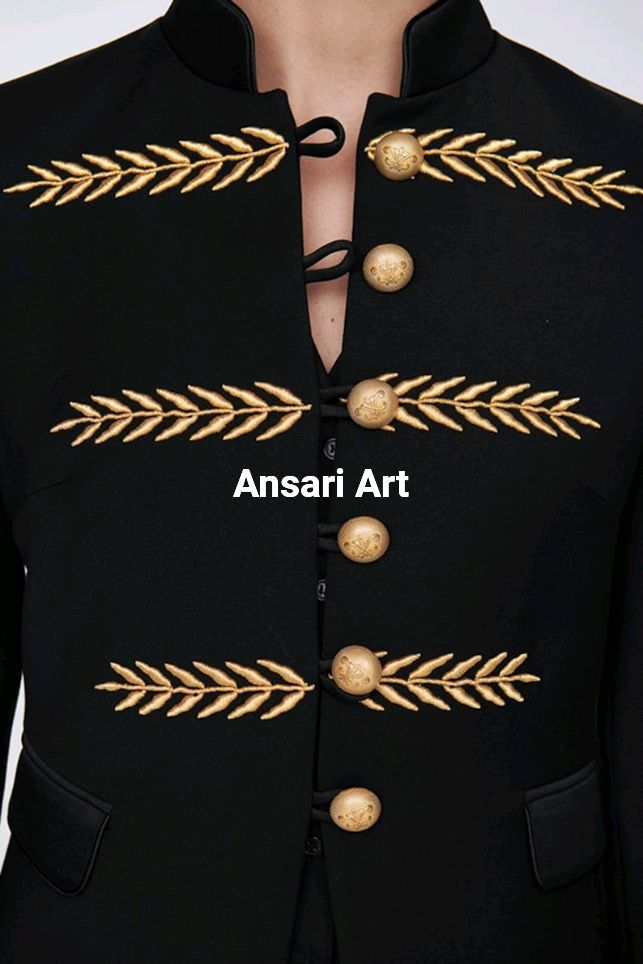 Pre-owned Art Women Black Military Blazer Custom Made Embroidered Designer Formal Wedding Suit