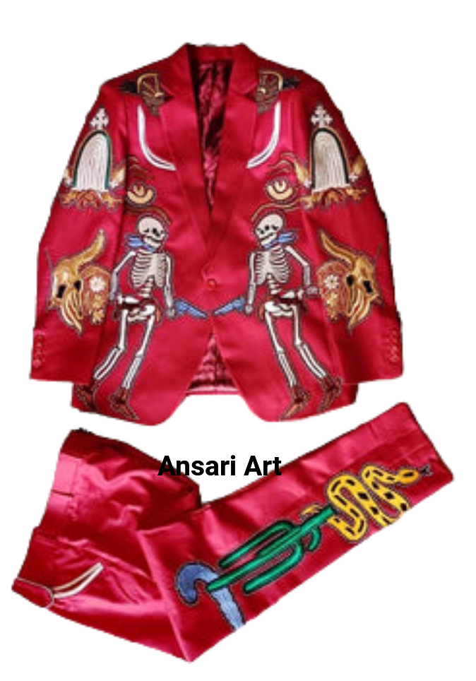 Pre-owned Art Men's Red Cotton 2pc Designer Suite Embroidered Coat Pants Wadding And Cocktail