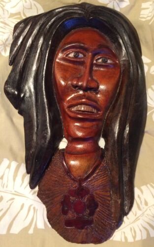 Vintage AFRICAN Figural FACE Wood CARVED Folk Art Tribal Plaqu...