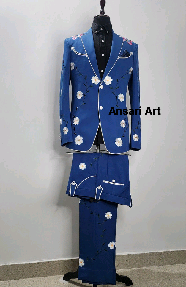 Pre-owned Art Man Blue 2pc Bespoke Handcrafted Country Western Suit Floral Embroidered Outfis