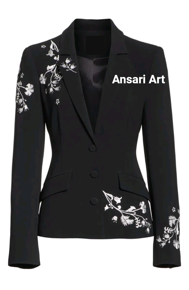 Pre-owned Art Women Floral Embroidered Blazer Personalized Black Cotton Jacket Westen Py