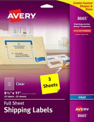[3 Sheets] Avery 8665/18665 Full Sheet Clear Labels INKJET 8.5'' x 11''