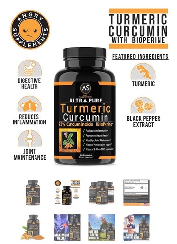 3 Bottles Angry Supplements Ultra Pure Turmeric 95% Curcumin w. BioPerine Pills