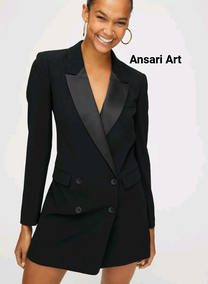 Pre-owned Art Women Black Tuxedo Blazer Dress Personalized Double Breasted Cotton Designer