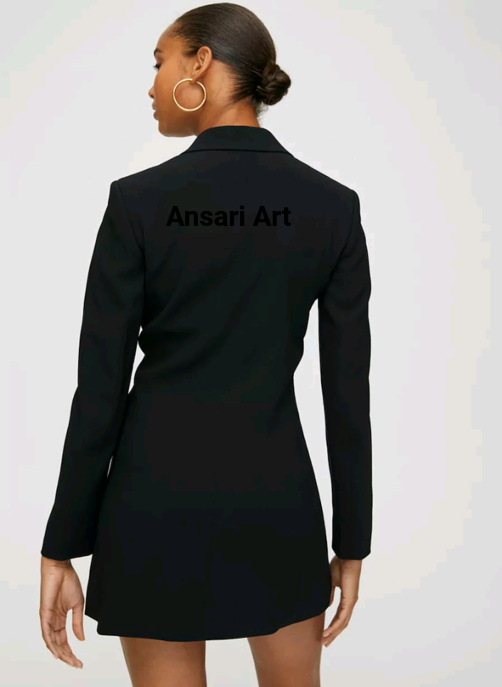 Pre-owned Art Women Black Tuxedo Blazer Dress Personalized Double Breasted Cotton Designer