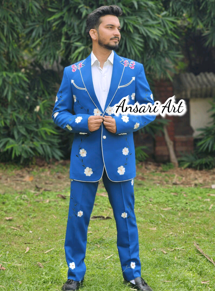 Pre-owned Art Men & Women Blue 2pc Bespoke Western Suit Flowers Embroidered With Piping Tuxedo