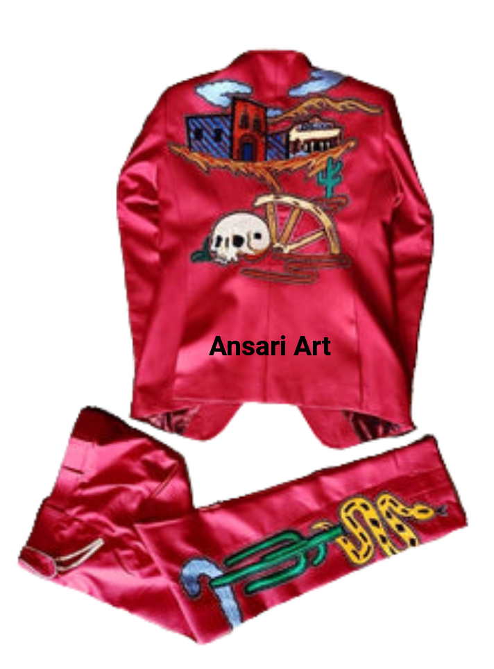 Pre-owned Art Men's Red Cotton 2pc Designer Suite Embroidered Coat Pants Wadding And Cocktail