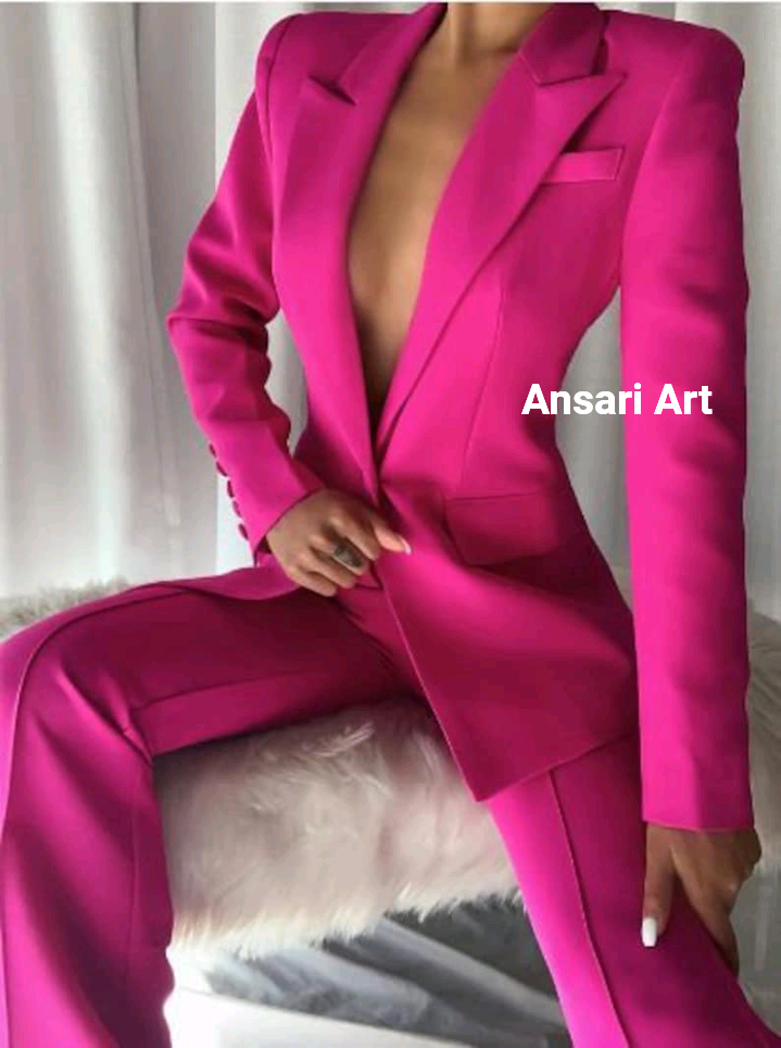 Pre-owned Art Women 2pc Piece Fuchsia Suit Custom Made Single Breasted Designer Coat/pant In Pink