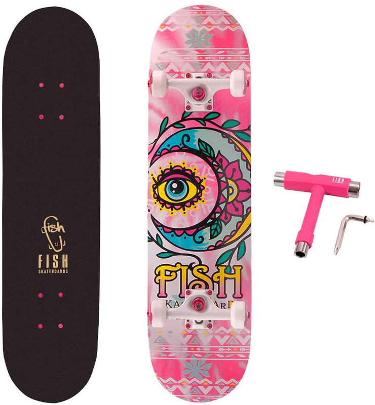 FISH NEW Skateboard Complete 31 x 8 Concave Double Kick Maple Deck Kids Pink ...