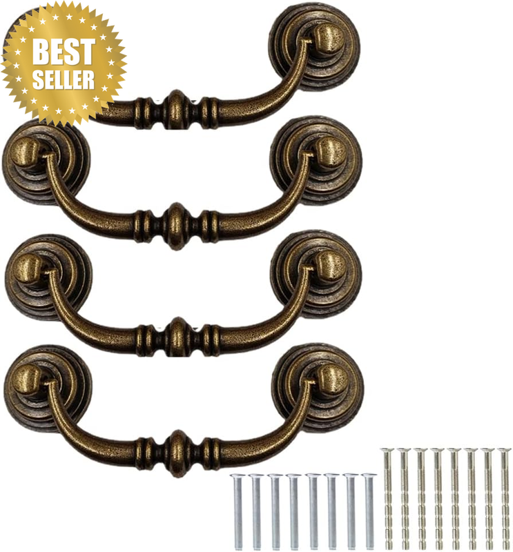 4 PCS Vintage Drawer Pull Handles Antique Swing Pulls Ring with Screws Kit Unive