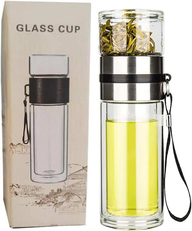 Glass Tea Infuser Bottle Double Wall 15Oz, Water Bottle Tea and Water Separation