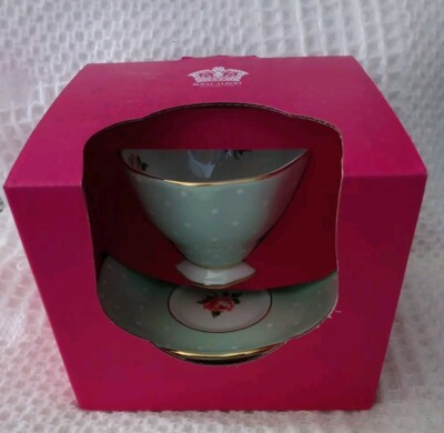 Royal Albert Polka Rose Footed Cup and Saucer New In Box Pale Green, White, Gold