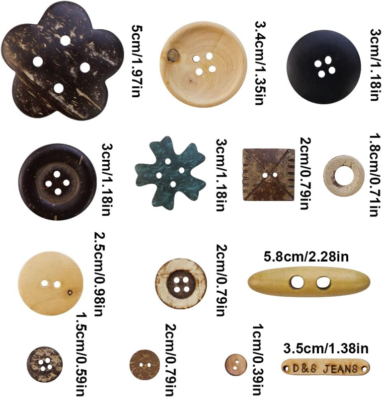 TCOTBE 600 Pcs Assorted Sizes Wooden Buttons Mixed Colors Coconut Shell Wood Han