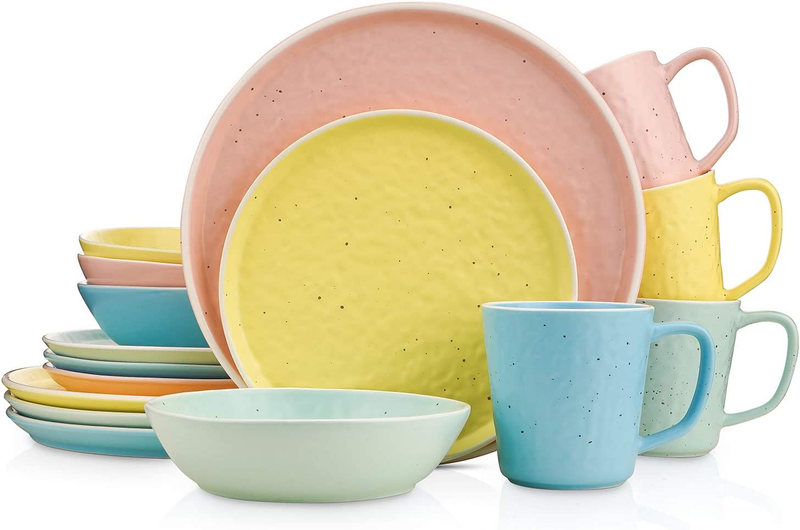 Elena Mix and Match 16 Piece Stoneware Dinnerware Set, Service for 4, Yellow, Bl
