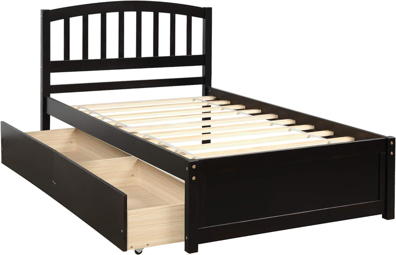 Twin Size Platform Bed Solid Wood Storage Bed Frame with Two Drawers and Headboa