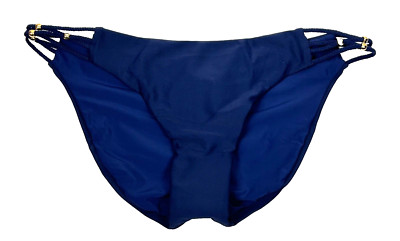 PilyQ PQ Nat Braided Full Blue Ruched Swim Bikini Bottom Gold Beads Size S NWT