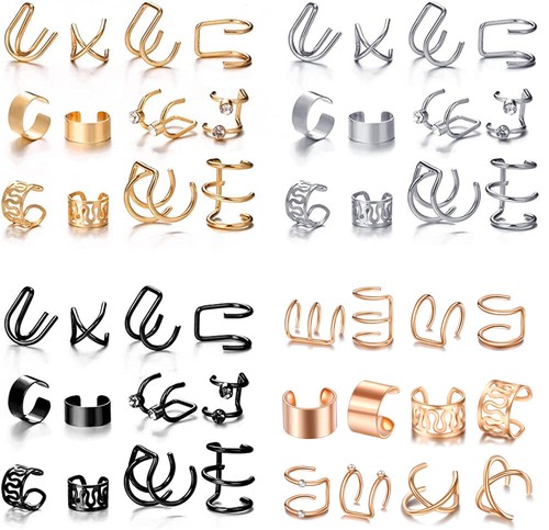 12PC Ear Cuff Stainless Steel Helix Cartilage Clip on Wrap Earrings Non Piercing