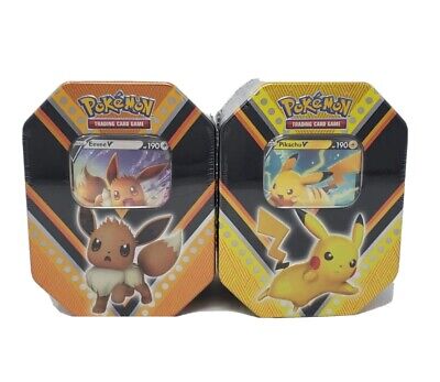 Pokemon TCG Pikachu & Eevee V Powers Tin Lot of 2 SEALED SHIPS BOXED