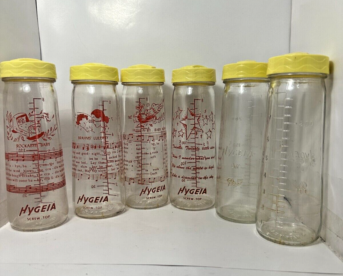 6pc Vintage Hygeia Screw Top Glass Baby Bottles Lullabys 8
