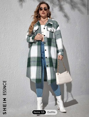 SHEIN Women's Plaid Midi Coat Essence Curve Flap Pocket Lightweight Green Blue