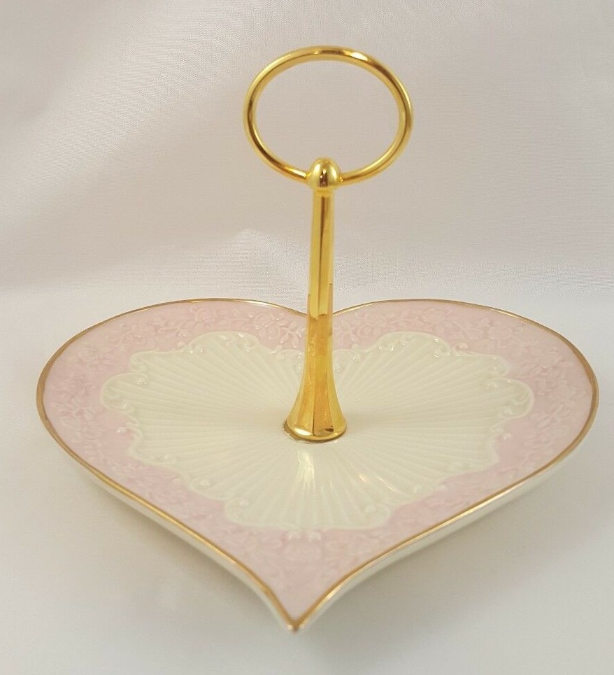 LENOX Heart Shaped Tidbit Dish PINK & BISQUE w/ Gold Handle VALENTINES DAY