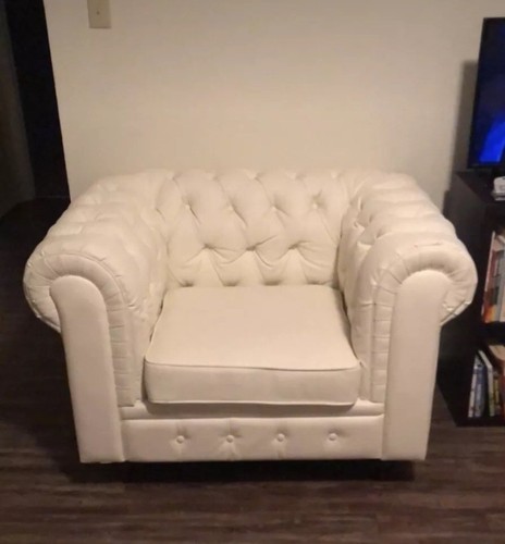 Chesterfield White Tufted Button Bond Leather Scroll Arm