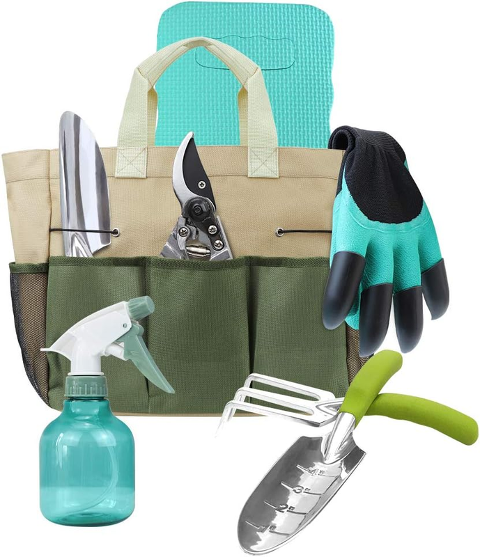 Garden Tools Set with 3 Aluminum Gardening Tools, 1 Pruning Shear, 1 Mister Spray Bottle, 1 Foam Kneeler，1 Garden Gloves with Claws and 1 Gardener Bag, Gifts for Mom Dad
