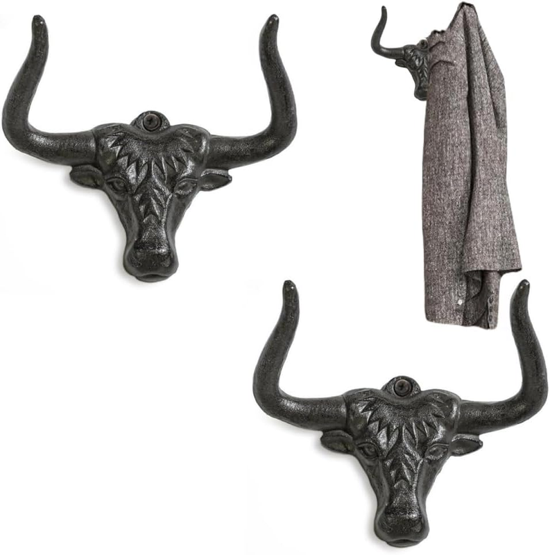 2 Pack Coat Hooks with Screws, Wall Mount Cast Iron Western Decorative Hook, Hea