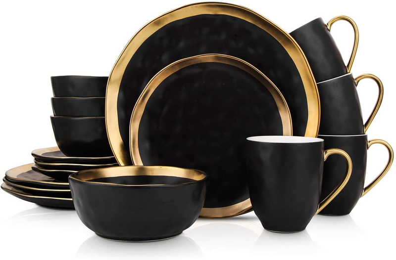 Porcelain 16 Piece Dinnerware Set, Service for 4, Black and Golden Rim