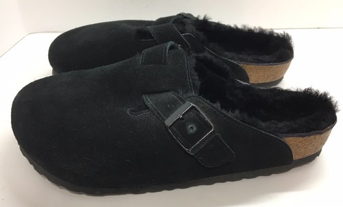 Birkenstock Boston Black Suede 39 Shearling Lined Womens Size 8 Slip On Clogs Y2