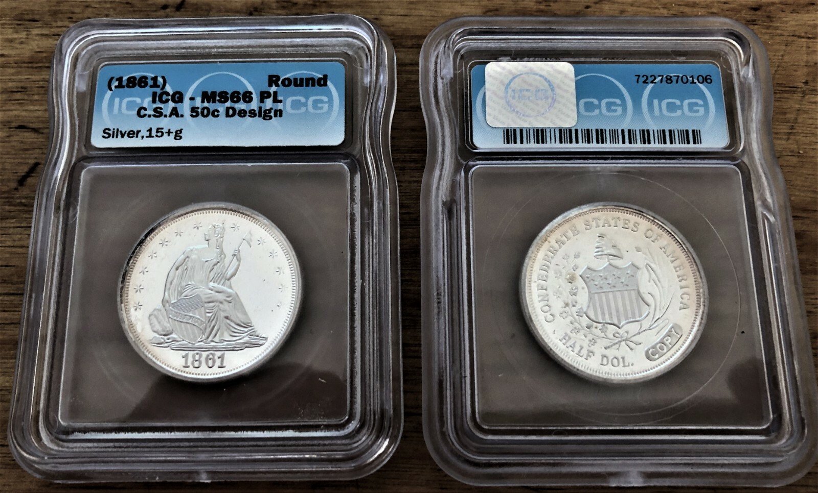 1861 CONFEDERATE COPY HALF 1/2 in .999 SILVER SLAB GRADED MS