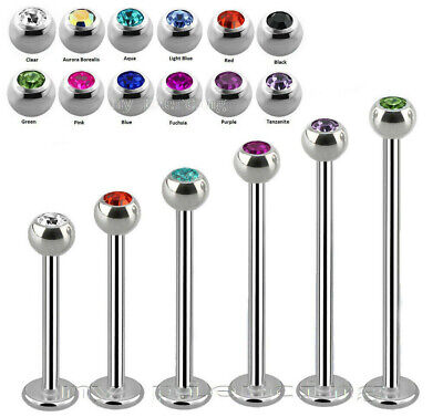 Labret Cheek Piercing Extra Long Surgical Steel with Gem Top 16g 14g 1/2'' to 1'' 