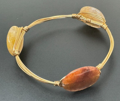 Bracelet Handmade Brown/Beige Acrylic Oval Gold Color Wire Fashion Jewelry