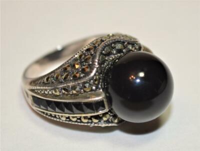 Vtg Stamped A925 Sterling Silver Marchasite Faux Black Pearl