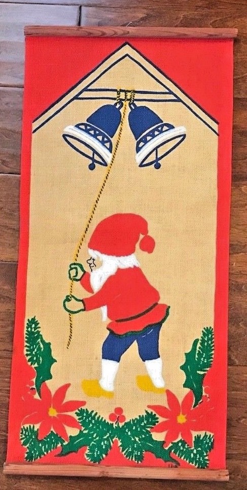 Vintage Hill Christmas Wall Hanging Gnome Ring Bells Sweden Linen Jute !2