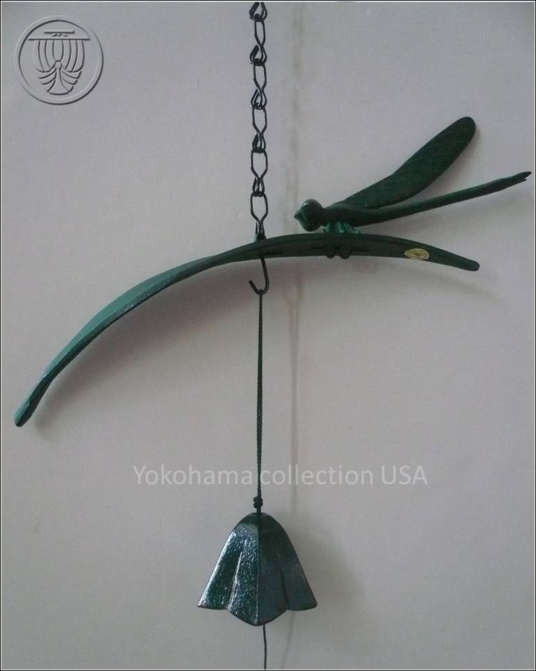 Japanese Furin Wind Chime Iwachu Nambu Cast Iron Green Dragonfly On Leaf Bell