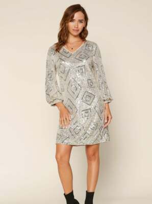 Sequin Dancing Queen Dress Sparkle Champagne 3/4 sleeve Skies are Blue NWT $99 S