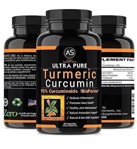 3 Bottles Angry Supplements Ultra Pure Turmeric 95% Curcumin w. BioPerine Pills