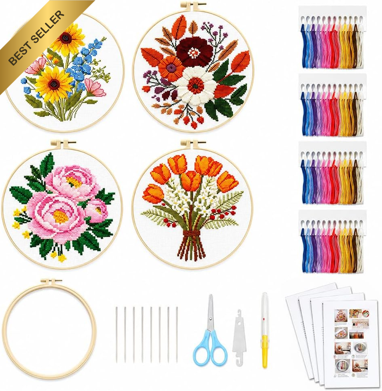 4 Sets Embroidery Kit for Beginners,Accessories for Stitching Sewing