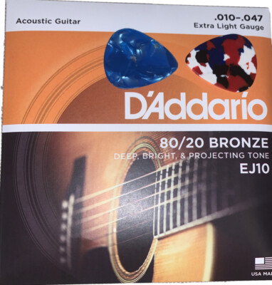 D Addario 80/20 Bronze EJ10 Acoustic Guitar Strings + 2 FREE Guitar Picks