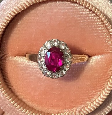 9ct Gold Oval Ruby CZ Halo Cluster Ring Size N 1/2