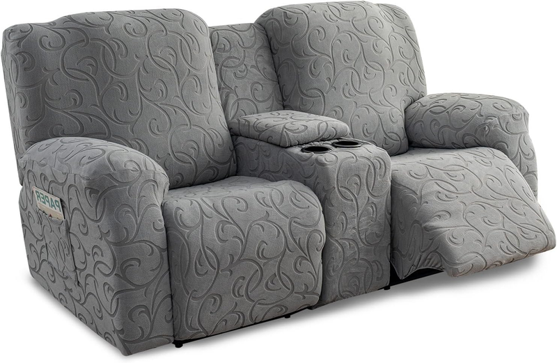 Recliner Loveseat Cover with Center Console, 2 Seater Jacquard Recliner Sofa Slipcover with Pockets Washable Stretch Reclining Couch Covers Furniture Protector with Elastic Straps (Light Gray)