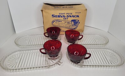 Vintage Anchor Hocking Serva Snack Luncheon Sets 200/27 Red & Clear Glass NOS