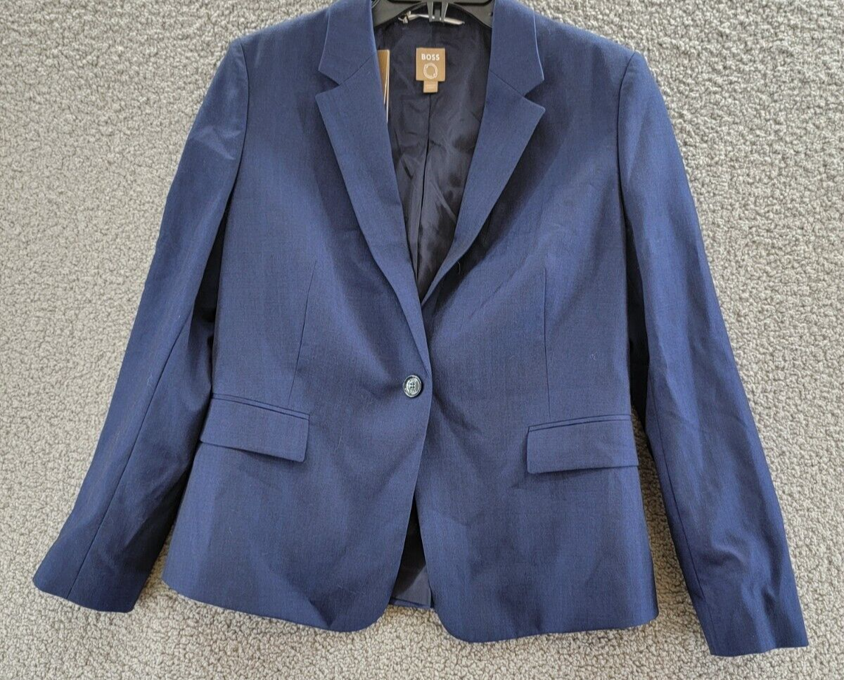 Pre-owned Hugo Boss Boss Jeniver Single Button Wool Blend Blazer Women's 6 Navy Flap Pockets L/s In Blue
