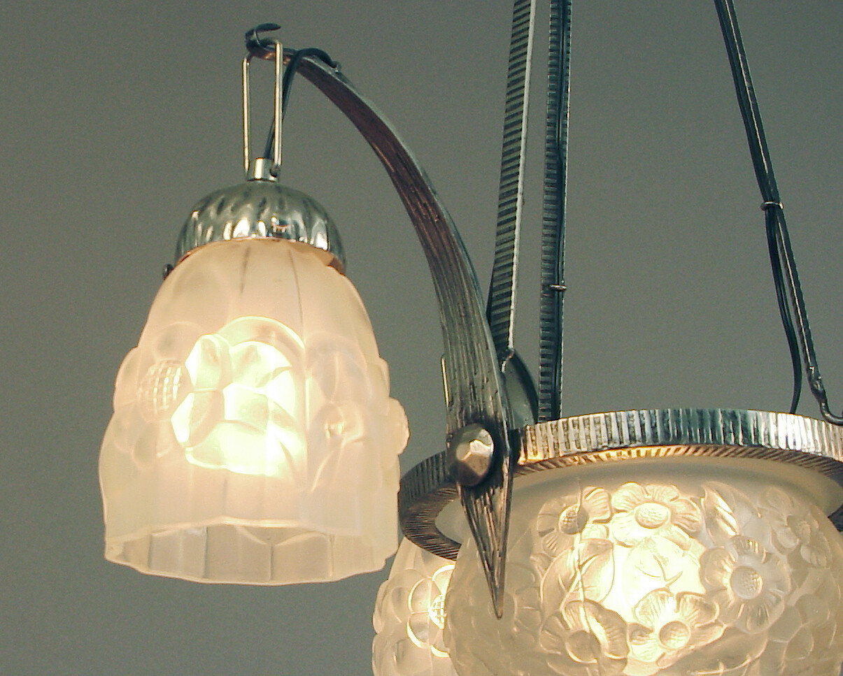 A French Art Deco (not overly!) 4-light Chandelier, Nickeled Wr Iron, Fab Glass