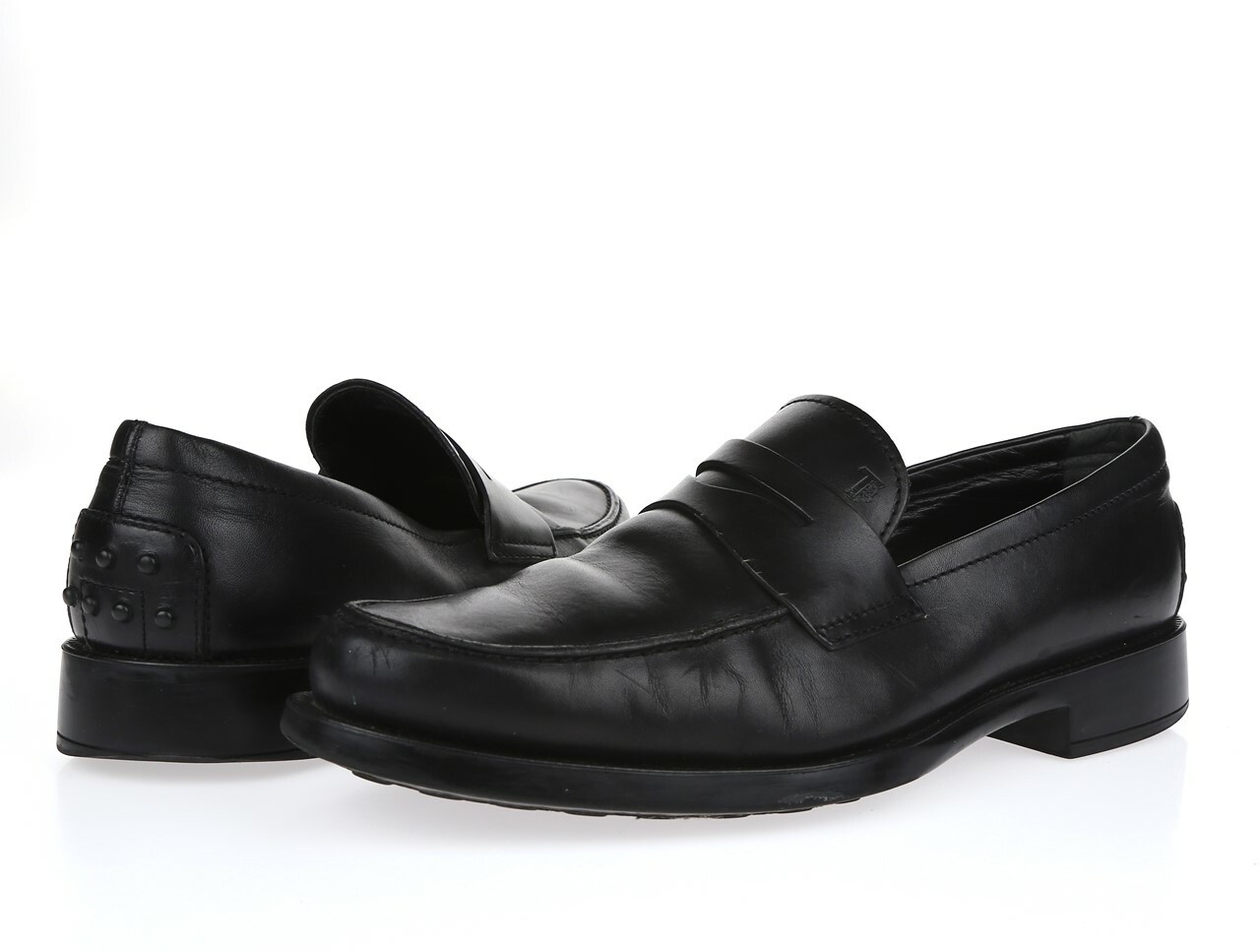 Mens TODS Black Leather Almond Toe Slip On Dress Loafers Heels Shoes Size 7.5